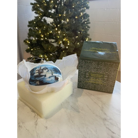 Christmas Ornament Thomas Kinkade Moonlit Sleigh Ride Large Glass 2004 with Box - Picture 3 of 13